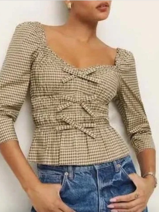 Reformation Tops - Reformation Beige Gingham Peplum Puff Sleeve Blouse